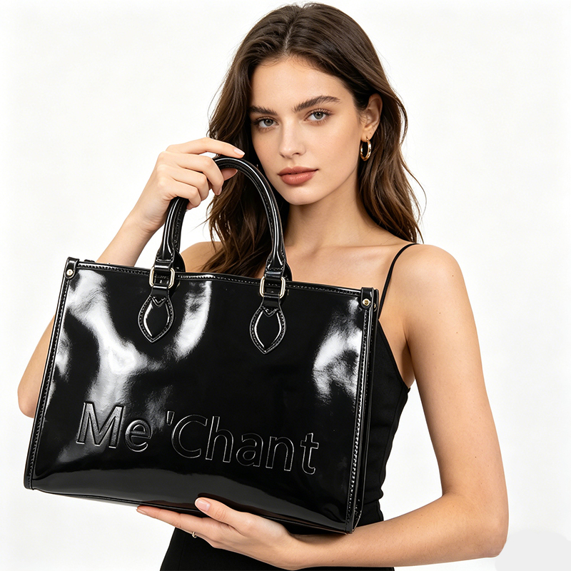 Structured Handbag Top Handle - 女性用黒光沢パテントPUレザートートバッグ、構造化トップハンドルハンドバッグ、大容量ショルダーバッグ、仕事、日常、ショッピング用