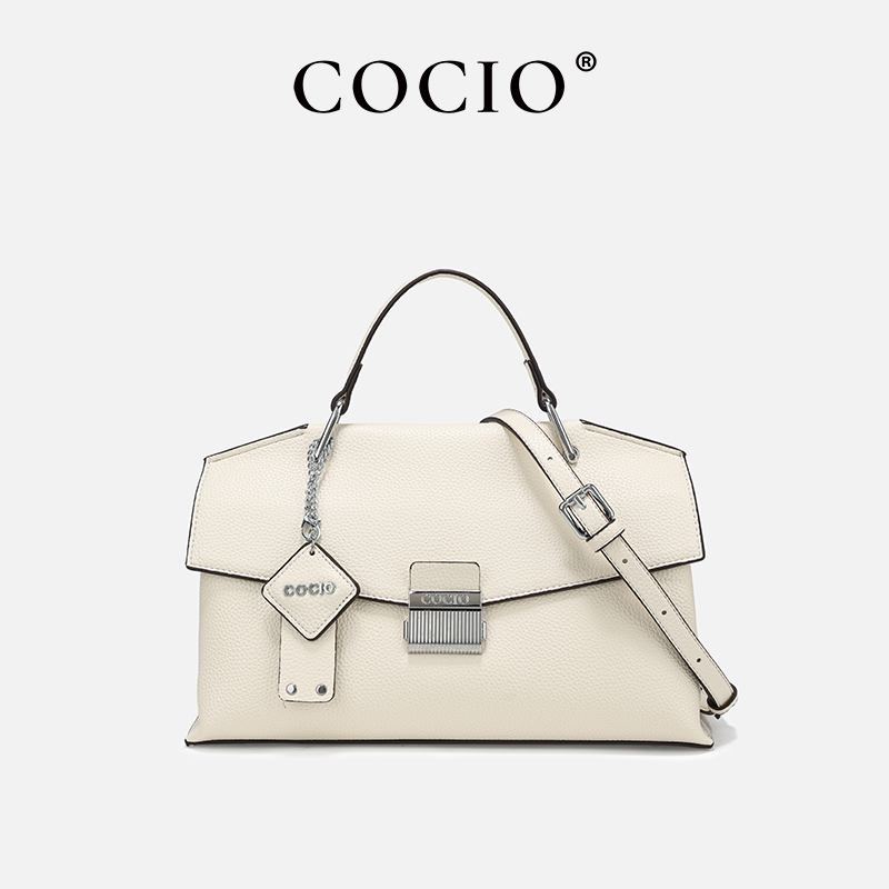 Structured Handbag Top Handle - 女性用オフホワイトのペブルドレザー製トップハンドルサッチェルバッグ、プッシュロック付きシルバーハードウェア、調節可能なストラップ付きのしっかりとした形状のハンドバッグ
