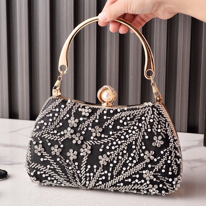 Luxury Bags China Wholesale - 黒のハンドバッグビーズ刺繍ヴィンテージ女性用パーティーバッグ高級ブランド卸売クラッチパールハスプクロスボディバッグファッション手作り