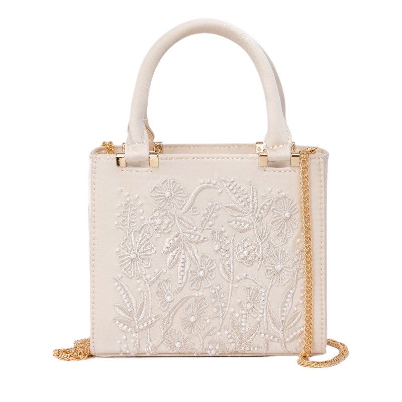 Structured Handbag Top Handle - 刺繍入りパールハンドバッグ ヴィンテージ エレガントな構造のトップハンドルショルダーバッグ イブニング ウェディング デイリー用