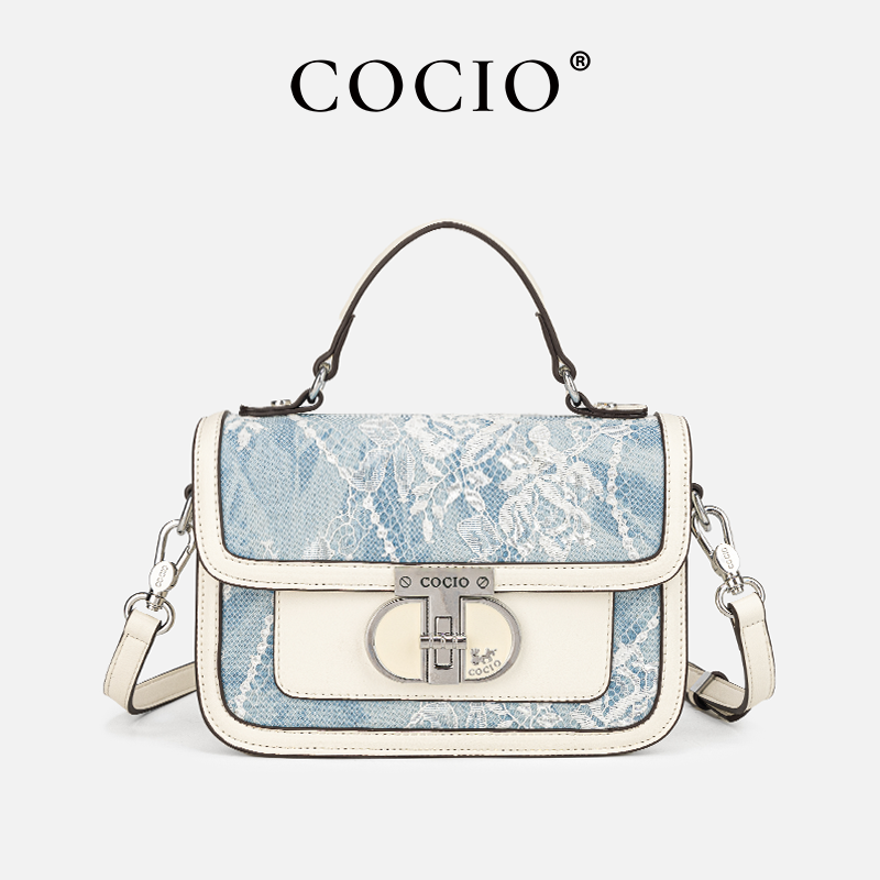 Structured Handbag Top Handle - 女性用ブルーホワイトレースフラップハンドバッグ、トップハンドル付きシルバーロッククロスボディ、エレガントヴィンテージ