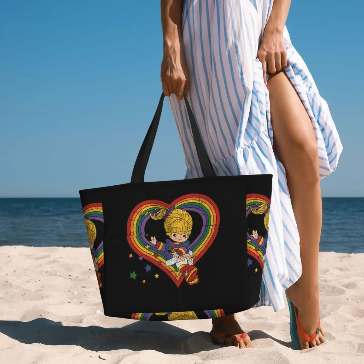 Luxury Yoga Bags - レインボーブライト レインボーハート付きビーチトートバッグ スポーツジム ヨガ ダッフル ラージトートバッグ