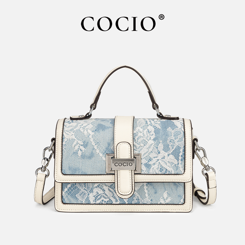 Structured Handbag Top Handle - 女性用ブルーのスネークプリントレース柄ハンドバッグ、シルバーロック付き構造化トップハンドルバッグ、調節可能なクロスボディストラップ付き
