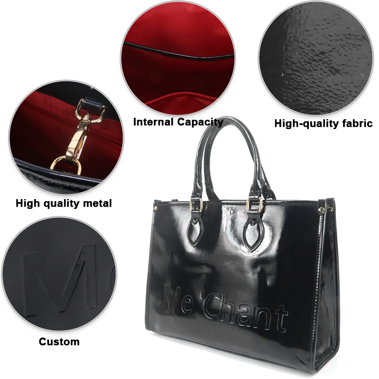 女性用黒光沢パテントPUレザートートバッグ、構造化トップハン - Structured Handbag Top Handle のレビューと価格