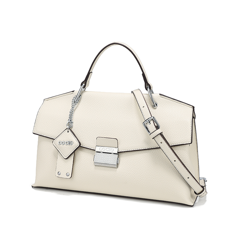 女性用オフホワイトのペブルドレザー製トップハンドルサッチェル - Structured Handbag Top Handle のレビューと価格