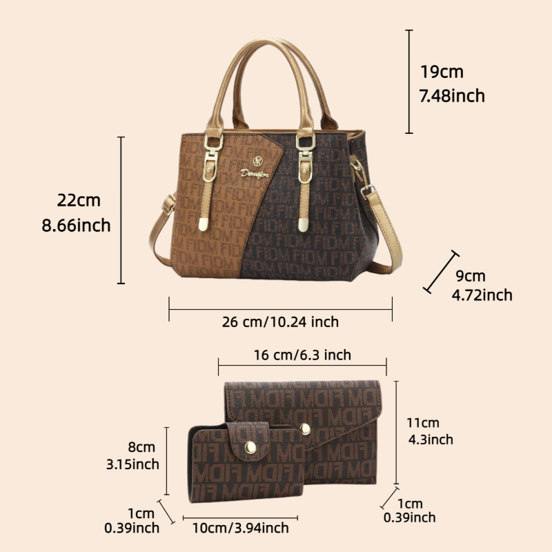 3点セットの女性用バッグ、高級プレミアムレザーのプリント入り - Luxury Bags In のレビューと価格