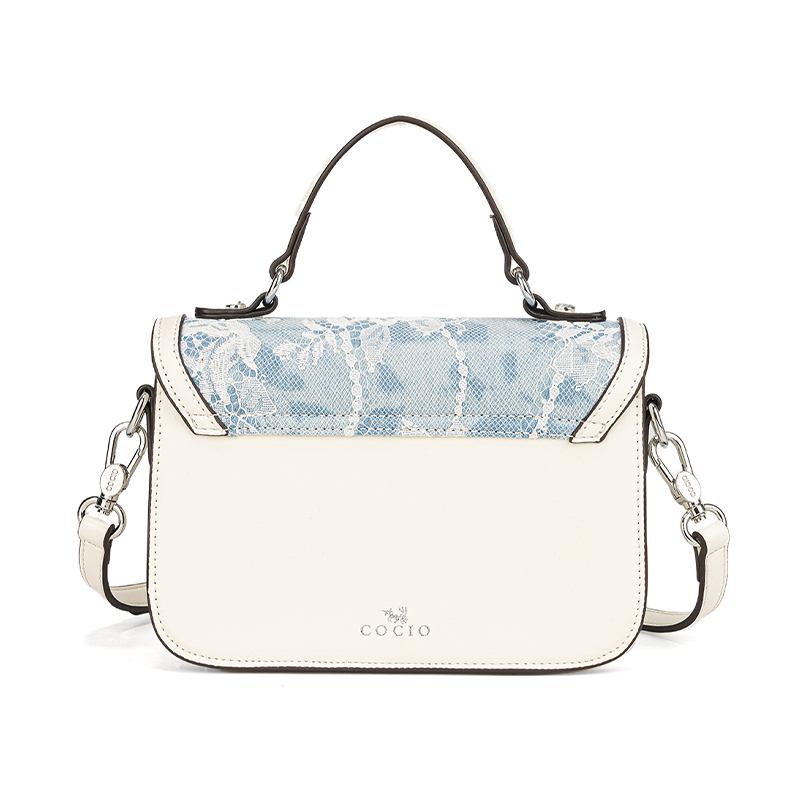 女性用ブルーホワイトレースフラップハンドバッグ、トップハンド - Structured Handbag Top Handle のレビューと価格