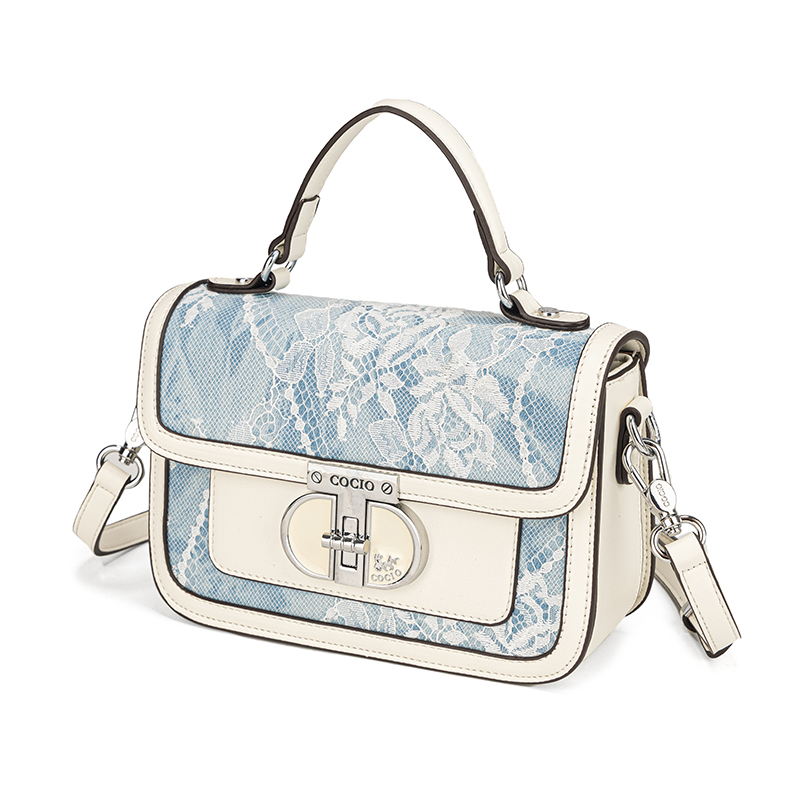 女性用ブルーホワイトレースフラップハンドバッグ、トップハンド - Structured Handbag Top Handle のレビューと価格