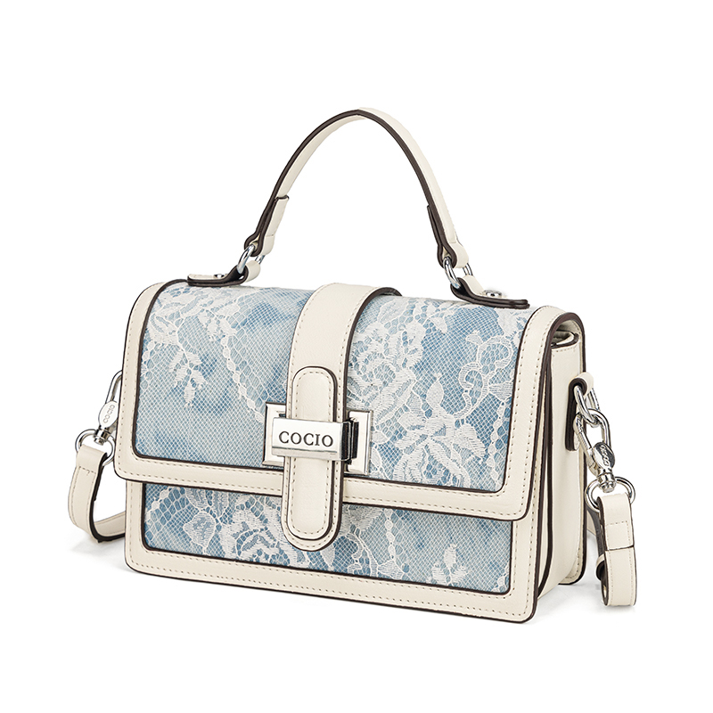 女性用ブルーのスネークプリントレース柄ハンドバッグ、シルバー - Structured Handbag Top Handle のレビューと価格